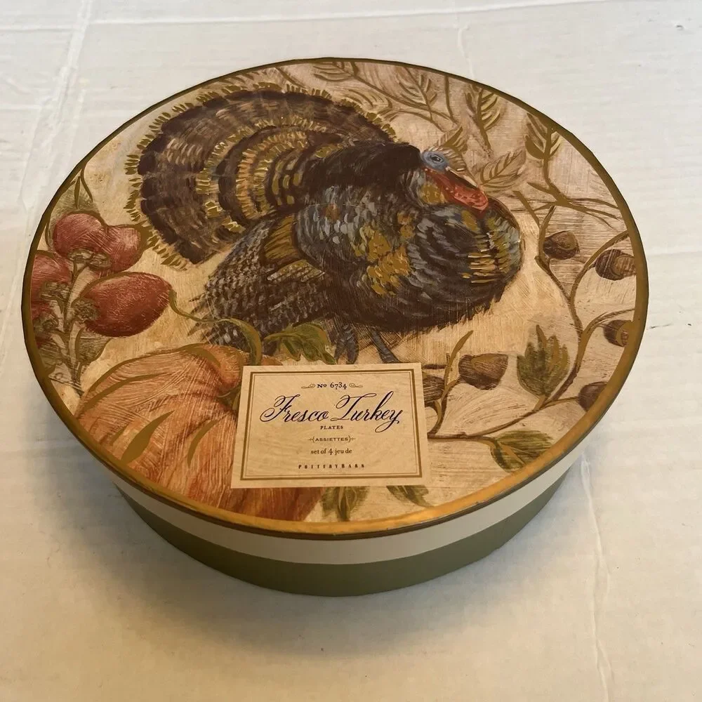 Pottery Barn Fresco Turkey Plates Set Of 4 Salad Plates 9” Turkey Thanksgiving